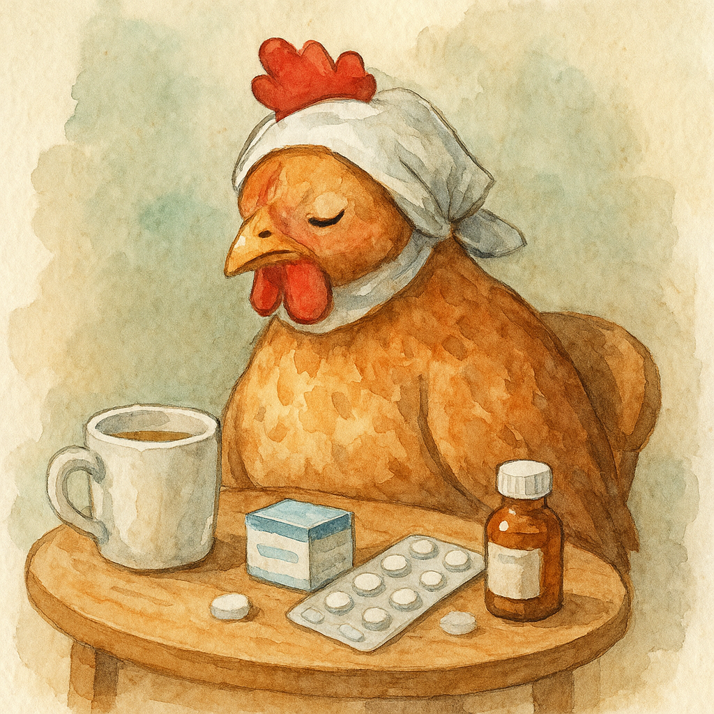 Chora kura siedzi przy stoliku pełnym leków z kubkiem ciepłego wywaru z tymiankiem