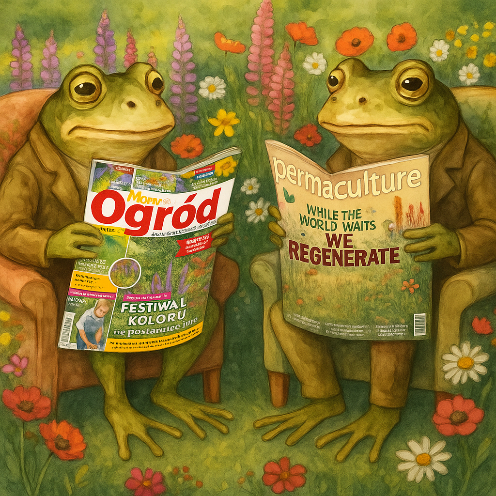 Żaby czytające czasopismo "Mam ogród" i magazyn "Permaculture"