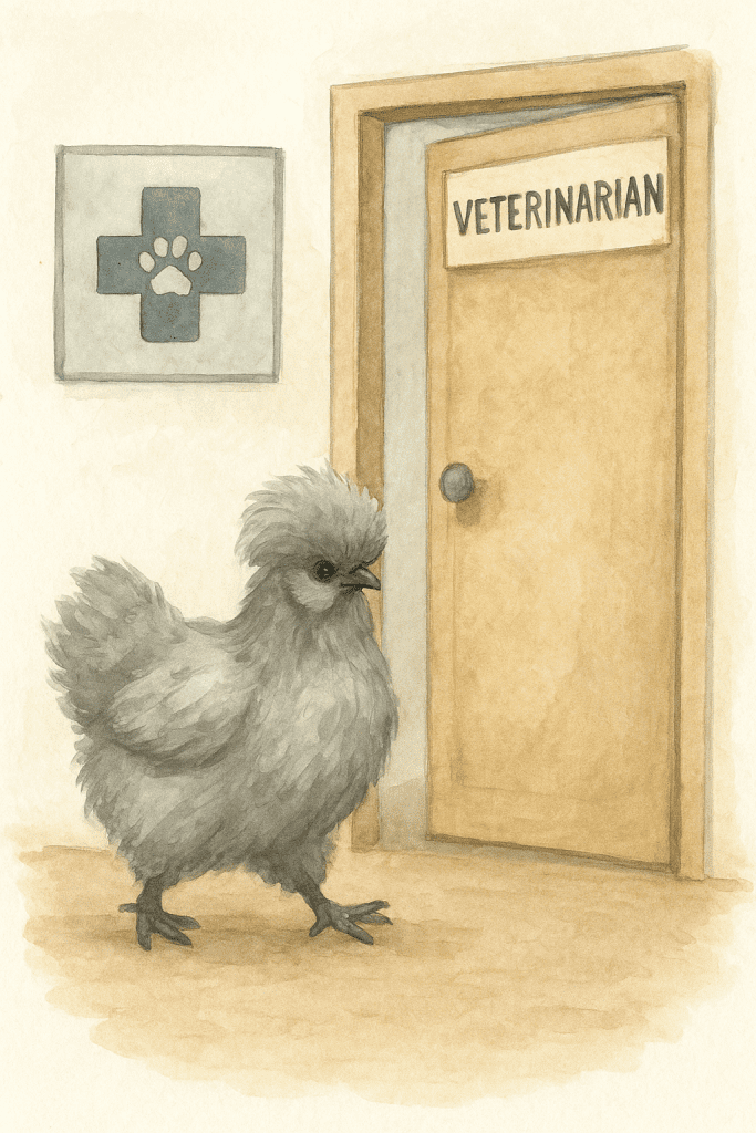 Kura jedwabista wchodzi do gabinetu weterynarza