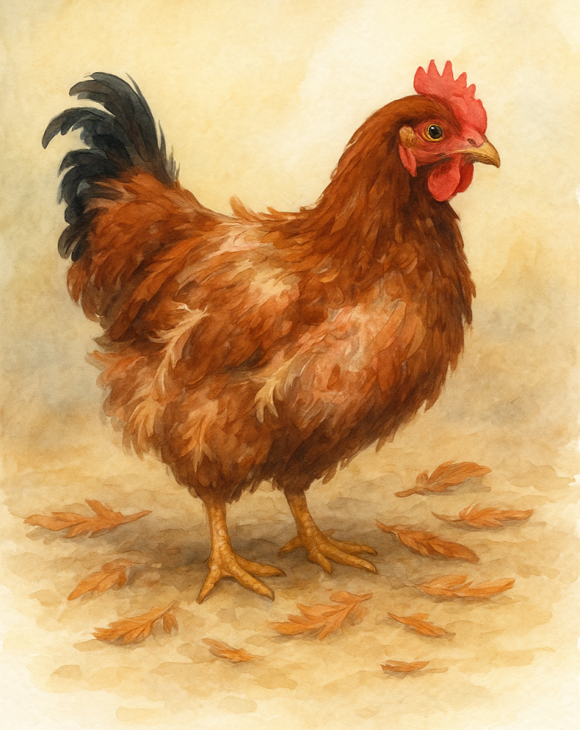 pierzenie u kur. Ilustracja przedstawia kurę, która jest w trakcie pierzenia. Kura zrzuca piórka.