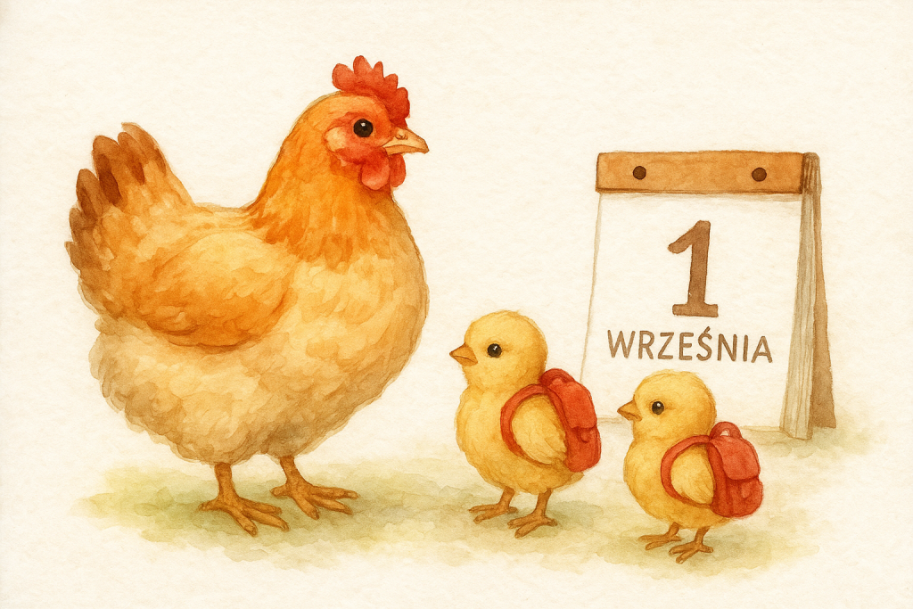 Wrzesień w kurniku. Kura mama stoi obok swoich kurcząt. Kurczęta mają na sobie czerwone plecaki. Obok widnieje kalendarz z datą 1 września.