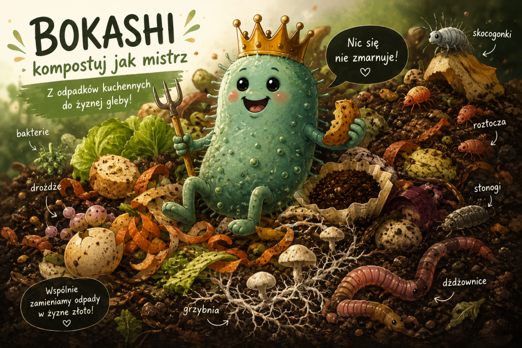 Bokashi - bakteria siedzi na pryzmie kompostowej, zajada kawałek odpadka.